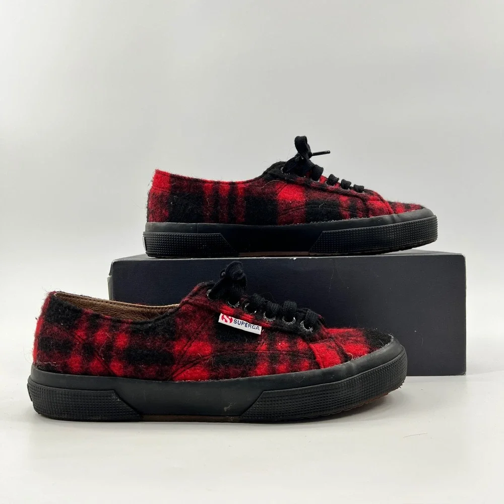 Superga Sneakers Womens 8 Red Buffalo Plaid Boiled Wool Plaid Fuzzy Shoes